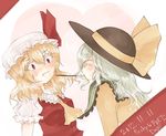  2girls blonde_hair blush closed_eyes dated fang flandre_scarlet food green_hair hat karua_m komeiji_koishi multiple_girls pocky pocky_day pocky_kiss red_eyes shared_food touhou yuri 