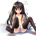  ahoge areola_slip areolae baisi_shaonian black_hair black_legwear blush breasts brown_eyes collarbone hair_censor hair_over_breasts highres long_hair looking_at_viewer navel open_mouth panties red_eyes shakugan_no_shana shana sitting small_breasts solo striped striped_panties thighhighs topless underwear underwear_only white_background 
