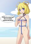  bad_id bad_tumblr_id blonde_hair blush breasts choker english fearless_night halo halterneck highres looking_at_viewer nail_polish ocean open_mouth purple_eyes short_hair slingshot_swimsuit small_breasts solo speech_bubble spike_wible swimsuit underboob uri_(fearless_night) 