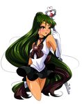  2013 aryiane back_bow bishoujo_senshi_sailor_moon black_choker bow brown_bow choker circlet dated earrings elbow_gloves garnet_rod gloves green_hair highres holding holding_staff jewelry lipstick long_hair looking_at_viewer makeup meiou_setsuna miniskirt parted_lips red_eyes sailor_pluto sailor_senshi_uniform signature skirt solo staff transparent_background very_long_hair white_gloves 