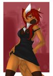  anthro areola bottomless breasts canine clothed clothing dress female front fur hair hair_covering_breasts half-dressed hand_on_hip long_hair looking_at_viewer mammal nipple_slip nipples orange_fur pinup pose pussy rach_verity rachverity red_eyes red_hair seductive solo standing without_panties yellow_fur 