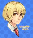  44d_(epops) androgynous blonde_hair character_name commentary_request hatoful_kareshi looking_at_viewer necktie polka_dot polka_dot_background signature smile solo tousaka_hiyoko yellow_eyes 