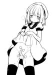  1boy androgynous black_legwear blush cookie_clicker crossdressing cursor dress dress_lift frown hat little_penis looking_down monochrome original parody penis sakiyo_cake short_hair simple_background sketch solo standing sweat testicles thighhighs torogao trap white_background 