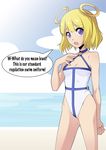  bad_id bad_tumblr_id bare_shoulders blonde_hair breasts choker english fearless_night halo halterneck highres looking_at_viewer nail_polish ocean one-piece_swimsuit purple_eyes short_hair small_breasts solo speech_bubble spike_wible swimsuit uri_(fearless_night) 