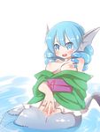  animal_ears anus blue_eyes blue_hair blush breasts censored drill_hair head_fins japanese_clothes long_sleeves medium_breasts mermaid monster_girl nipples obi off_shoulder open_mouth pussy sash short_hair smile solo spread_pussy topless touhou wakasagihime water wide_sleeves yuuki_(yuyuki000) 