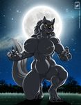  anthro big_breasts breasts canine claws fangs female forest front full_moon fur glowing glowing_eyes grass grey_fur hi_res huge_breasts kneeling looking_at_viewer mammal moon night nude outside pussy solo stars toe_claws tongue tree walter_sache were werewolf wolf yellow_eyes 