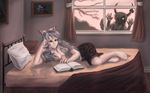  2girls barefoot bed book bow breasts cleavage curtains deviantart_thumbnail ex-keine fujiwara_no_mokou glowing glowing_eye grey_hair horn_ribbon horns houraisan_kaguya kamishirasawa_keine long_hair lying multiple_girls open_book open_clothes open_shirt picture_(object) picture_frame pillow red_eyes ribbon shirt shorts tail touhou twilight window you_gonna_get_raped zucreelo 