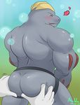  &lt;3 ambiguous_gender anthro bald biceps big_muscles blue_background blush bubble butt disembodied_hand duo eyes_closed from_behind gloves green_background grey_skin grope hand_on_butt happy invalid_tag jockstrap machoke maldu male manly muscles nintendo nude open_mouth plain_background pok&#233;mon pok&eacute;mon pokemon_amie presenting presenting_hindquarters shadow shiny smile standing teeth underwear video_games 