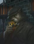  cigar eyewear feline fire fur glasses grey_fur hat lighter lion loculi looking_at_viewer mammal mr._smoke necktie rain smoke suit yellow_eyes 