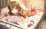  :o barefoot bed brown_eyes brown_hair cellphone controller dualshock game_controller gamepad highres long_hair lying on_stomach original pajamas pants phone playing_games solo yuuki_tatsuya 