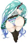  absurdres apacchi aqua_eyes aqua_hair ass bent_over boots foreshortening hatsune_miku headphones highres long_hair looking_back panties simple_background skirt solo striped striped_panties thigh_boots thighhighs twintails underwear very_long_hair vocaloid white_background 