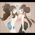  ass bad_id bad_pixiv_id black_legwear blue_eyes bow breasts brown_hair cleavage copyright_name denim denim_shorts double_bun halterneck high_ponytail highres letterboxed long_hair looking_at_viewer medium_breasts mei_(pokemon) multiple_girls no_hat no_headwear official_style pantyhose pink_shirt pokemon pokemon_(game) pokemon_bw pokemon_bw2 shirt shorts sleeveless sleeveless_shirt smile souji symmetry touko_(pokemon) twintails very_long_hair white_shirt 