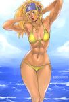  abs absurdres armpits arms_behind_head arms_up bikini blonde_hair blue_headband braid breasts djok3 final_fantasy final_fantasy_x final_fantasy_x-2 green_eyes groin headband highres lips lipstick long_hair lowleg lowleg_bikini makeup medium_breasts muscle navel nose ocean rikku side-tie_bikini slender_waist solo swimsuit tan thigh_gap thighs toned water yellow_bikini 