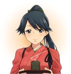  black_hair cup houshou_(kantai_collection) japanese_clothes kantai_collection long_hair looking_at_viewer ponytail smile smoke solo tukno yunomi 