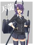  :d black_legwear breasts character_name eyepatch fingerless_gloves gloves hand_on_hip headgear kantai_collection left-handed medium_breasts necktie open_mouth partly_fingerless_gloves prime purple_hair revision school_uniform short_hair skirt smile solo sword tenryuu_(kantai_collection) thighhighs weapon yellow_eyes 