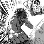  levi_(shingeki_no_kyojin) monochrome monster monster_boy punch punching rogue_titan shingeki_no_kyojin simple_background titan_(shingeki_no_kyojin) 