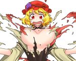  aki_minoriko areolae blonde_hair blush breasts convenient_censoring exploding_clothes hat large_breasts mono_(moiky) open_mouth red_eyes solo sweat torn_clothes touhou transparent_background 