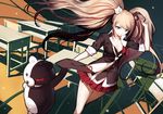  blonde_hair breasts brown_eyes cleavage controller danganronpa danganronpa_1 desk enoshima_junko jewelry long_hair medium_breasts monokuma necklace necktie remote_control samail skirt sleeves_rolled_up smile spoilers 