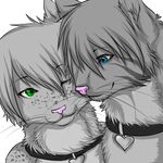  cat collar collars couple duo feline female freckles fur green_eyes grey_fur kidakat low_res male mammal rem straight stripes vergial 