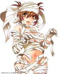  bandages bare_shoulders breasts brown_eyes brown_hair groin looking_at_viewer medium_breasts mummy navel original short_hair simple_background solo suoni_(deeperocean) white_background 