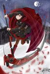  1girl highres moon night petals rose_petals ruby_rose rwby scythe snow solo 