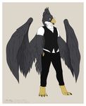  4_toes avian beak bird cigar clothed clothing detts eagle grey_feathers hands_in_pockets kayllik male pants smoke solo standing vest wings yellow_eyes 