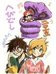  1girl arbok baseball_cap black_hair blush brown_eyes facepaint gen_1_pokemon green_eyes grin hand_mirror hat japanese_clothes kasumi_(pokemon) kimono mirror orange_hair pikachu pokemon pokemon_(creature) pokemon_(game) pokemon_frlg pokemon_hgss red_(pokemon) sei_jun short_hair sketch smile 