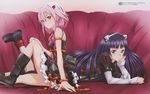  2girls absurdres bare_shoulders boots bracelet capri_pants dress gothic_lolita guilty_crown hair_ornament hairclip hand_on_own_cheek hand_on_own_face highres itagaki_atsushi jewelry katou_hiromi lolita_fashion long_hair looking_at_viewer lying multiple_girls on_stomach pants pink_hair purple_eyes purple_hair red_eyes robot_ears sitting smile tsugumi_(guilty_crown) yuzuriha_inori 