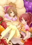  absurdres bracelet breasts chocolat_tiara choker cleavage food food_on_face food_themed_clothes food_themed_hair_ornament fruit grapes hair_ornament hairband highres idolmaster idolmaster_cinderella_girls in_food jewelry mary_janes medium_breasts mimura_kanako multiple_girls oversized_object polka_dot ponytail puffy_short_sleeves puffy_sleeves shiina_noriko shoes short_sleeves strawberry takamiya_ren thighhighs yellow_legwear 