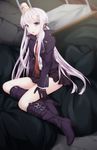  bad_id bad_pixiv_id boots braid cup_ramen danganronpa danganronpa_1 desk etou_(cherry7) food food_on_head gloves hair_ornament hair_ribbon hand_on_own_thigh highres jacket kamaboko kirigiri_kyouko leather leather_boots leather_gloves leather_jacket long_hair narutomaki necktie noodles object_on_head open_mouth purple_eyes purple_hair ribbon school_desk single_braid skirt solo trash_bag 