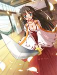  aiming_at_viewer black_hair blue_eyes blush breasts cherry_blossoms cleavage dutch_angle foreshortening hair_ribbon hakama hidan_no_aria hotogi_shirayuki japanese_clothes katana large_breasts long_hair miko motion_lines mushiboy open_clothes open_mouth open_shirt pointing_sword red_hakama ribbon ribbon-trimmed_sleeves ribbon_trim shirt solo sunrise_stance sword weapon wide_sleeves 