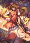  bad_id bad_pixiv_id blonde_hair from_above hair_bobbles hair_ornament kodomo_no_jikan kokonoe_rin long_hair looking_at_viewer looking_up lying observerz on_back smile solo teenage thighhighs twintails very_long_hair 
