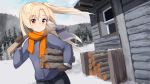  1girl ame. axe azur_lane bangs black_pants blonde_hair blue_jacket blue_sky blush brown_mittens building carrying_under_arm cleveland_(azur_lane) closed_mouth cloud cloudy_sky commentary_request day eyebrows_visible_through_hair firewood fur-trimmed_sleeves fur_trim holding holding_axe jacket long_hair long_sleeves mittens mountain one_side_up outdoors pants red_eyes sky smile solo very_long_hair window 