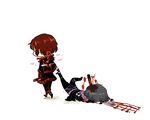  alternate_color black_hair blood blood_stain blood_trail dragging drumsticks dual_persona faceplant facing_away holding horikawa_raiko impaled injury leg_grab legs_up musical_note pulling red_hair shigureru staff_(music) touhou 