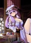  blush breasts chair choker commentary_request crescent crying eruichi_(redphantom) hat highres knee_up large_breasts long_hair looking_at_viewer patchouli_knowledge purple_eyes purple_hair sad sitting solo tears touhou 