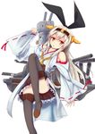  blonde_hair blush boots cosplay detached_sleeves hairband highres japanese_clothes kantai_collection kongou_(kantai_collection) kongou_(kantai_collection)_(cosplay) konkito long_hair looking_at_viewer nontraditional_miko rensouhou-chan ribbon-trimmed_sleeves ribbon_trim shimakaze_(kantai_collection) simple_background skirt solo thigh_boots thighhighs white_background wide_sleeves 