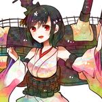  black_hair blush cannon cherry_blossoms detached_sleeves itomugi-kun japanese_clothes kantai_collection nontraditional_miko open_mouth red_eyes short_hair skirt solo turret upper_body yamashiro_(kantai_collection) 