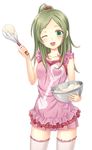  ;d apron banned_artist bare_arms batter bowl collarbone dough green_eyes green_hair hair_bobbles hair_ornament heart highres long_hair looking_at_viewer minamino_kanade mixing_bowl n.g. one_eye_closed open_mouth pink_apron pink_skirt ponytail precure simple_background skirt smile solo suite_precure thighhighs whisk white_background white_legwear 