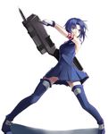  ass_visible_through_thighs bare_shoulders blue_eyes blue_hair boots ciel clenched_teeth dress full_body gloves highres huge_weapon kauto pile_bunker powerd_ciel seventh_holy_scripture short_hair simple_background sleeveless sleeveless_dress solo tattoo teeth thigh_boots thighhighs tsukihime weapon 