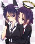  blush checkered checkered_background checkered_neckwear eyepatch fingerless_gloves gloves headgear hug hug_from_behind kantai_collection mechanical_halo multiple_girls necktie purple_eyes purple_hair saya_(ccmkk54) school_uniform short_hair smile tatsuta_(kantai_collection) tenryuu_(kantai_collection) yellow_eyes 