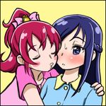  :3 aida_mana arm_around_shoulder blue_eyes blue_hair blush blush_stickers bow closed_eyes couple dokidoki!_precure hand_on_shoulder hishikawa_rikka imminent_kiss long_hair lowres multiple_girls pajamas pink_bow pink_hair precure short_hair upper_body yoshino_(yoshizuya) yuri 