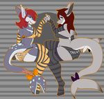  anthro ashlyn_nightchill back bikini blue_eyes bow breasts clothed clothing elbow_gloves female fish gloves hair halloween holidays legwear long_hair looking_at_viewer marine napalm_(artist) piercing pose shark sibling sisters skimpy stockings swimsuit thresher_shark tonilyn 