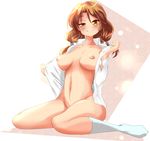  1girl bottomless breasts brown_hair character_request grin highres long_hair naked_shirt navel nipples no_shoes open_clothes open_shirt orange_eyes shirt sitting smile socks solo source_request twintails wariza white_legwear white_socks yang_meiling 