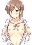  blush breasts brown_eyes brown_hair hair_ornament hairclip kami_nomi_zo_shiru_sekai kanden_suki kosaka_chihiro looking_at_viewer medium_breasts nipples no_bra open_clothes open_shirt ribbon school_uniform shirt short_hair simple_background solo sweat white_background 