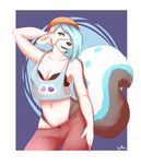  black_fur blue_fur blue_hair bra cleavage clothed clothing crop_top female fur green_eyes hair hair_over_eye hand_behind_head ht looking_at_viewer mammal navel pants salkitten skimpy skunk solo striped_tail tawni underwear white_fur 