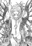  absurdres alternate_wings candlestand commentary_request daburoku feathered_wings fingernails flandre_scarlet flat_chest greyscale highres long_fingernails looking_at_viewer monochrome nipples nude short_hair side_ponytail slit_pupils solo tattoo thorns touhou traditional_media wings 