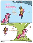  cub cutie_mark english_text equine female feral friendship_is_magic fur hair horse humor i-am-knot leafs long_hair mammal my_little_pony open_mouth orange_fur pegasus pink_fur pink_hair pinkie_pie_(mlp) pony purple_eyes purple_hair rope scootaloo_(mlp) smile text tree upside_down wings young 