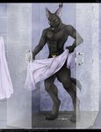  alex anthro barcode black_fur black_nipples black_nose blue_eyes canine claws ear_piercing fur jackal male mammal markings maywolf nipples nude piercing shower solo toe_claws towel water wet 