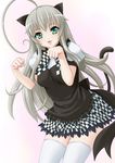  :3 ahoge animal_ears blush cat_ears cat_tail checkered checkered_skirt green_eyes haiyore!_nyaruko-san hayami_kyuuen huge_ahoge kemonomimi_mode looking_at_viewer nyarlathotep_(nyaruko-san) silver_hair skirt solo tail thighhighs white_legwear zettai_ryouiki 