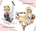  bare_shoulders basuchian blonde_hair blue_eyes boots bow braid breasts cassandra_alexandra character_name cleavage earrings elbow_gloves gloves hair_bow highres jewelry medium_breasts multiple_girls panties shield shoulder_pads siblings single_braid sisters sophitia_alexandra soulcalibur soulcalibur_iv sword thigh_boots thighhighs underwear weapon white_panties 